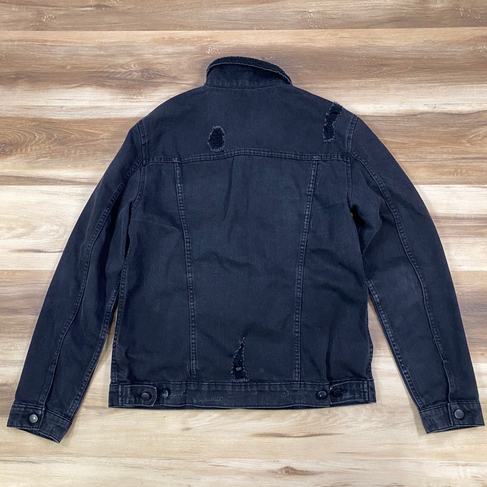 Jackson‎ Denim Jacket Women M Distressed Borg Collar Cotton Blend Trucker Black - Picture 9 of 11